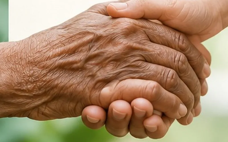 An elderly hand held gently by a younger hand