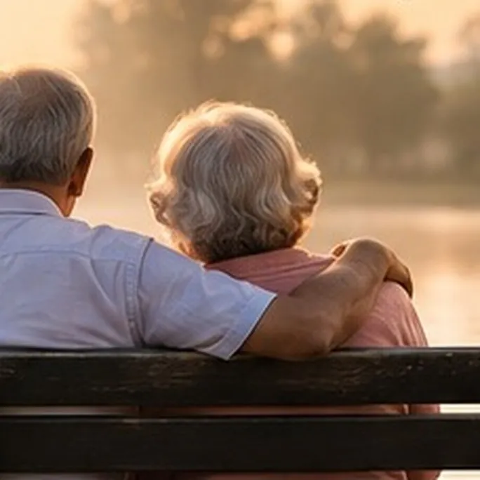 An elderly couple sitting together on a bench at sunset